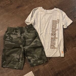 Timberland Light Gray Tee and Green Camo Shorts